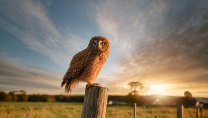 brown owl on brown wooden post - obrazy, fototapety, plakaty