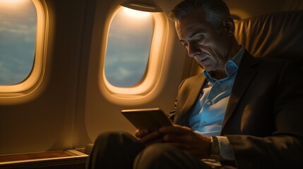 Professional businessman sits by the airplane window, focused on his tablet, with ambient cabin...