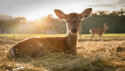 Tuinposter deer in the grass a calf lying on the straw farm with the gentle rays of the sun streaming in © Paris