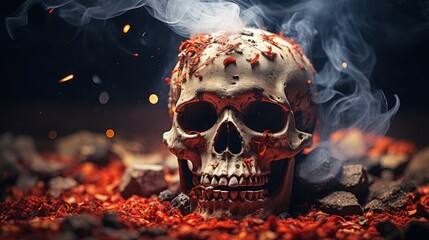 Skull symbolizes smoking dangers leading to cancer and heart disease  - obrazy, fototapety, plakaty