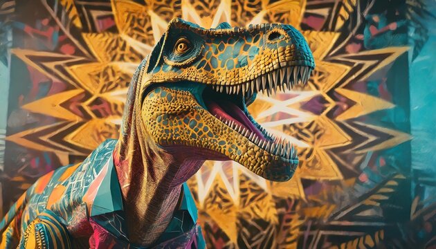 a vibrant t rex in neon colors with a retro inspired shirt design featuring geometric patterns and psychedelic elements