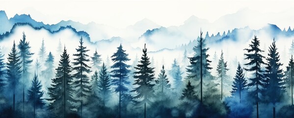 Panorama of a watercolor landscape of the Black Forest forest. Drawing. Painting. - obrazy, fototapety, plakaty