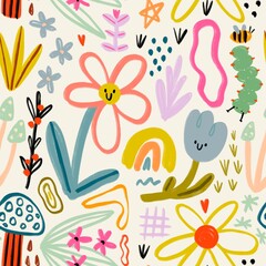 Flowers, mushroom, rainbow, caterpillar, doodles. Hand drawn childish illustration. Square seamless Pattern. Repeating design element for printing. Template for fabrics, textiles, wallpaper, clothes - 778712561