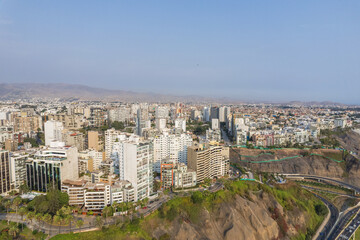 Fototapeta na wymiar Aerial view of La Costa Verde and the Miraflores boardwalk in Lima