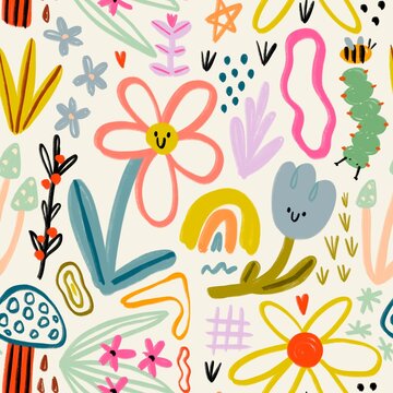 Flowers, mushroom, rainbow, caterpillar, doodles. Hand drawn childish illustration. Square seamless Pattern. Repeating design element for printing. Template for fabrics, textiles, wallpaper, clothes