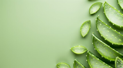Fototapeta premium Natural organic cosmetics and herbal medicine. Slices of aloe vera on green background. 