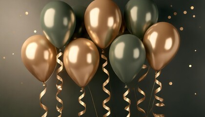 set of 3d render isolated balloons on ribbons realistic decoration background for birthday anniversary wedding holiday promotion banners dark green and gold glitter color composition