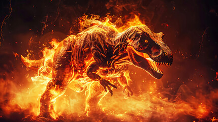 A dinosaur surrounded by flames in a fiery scene, illustrating the catastrophic event known as the Death of the Dinosaurs - obrazy, fototapety, plakaty