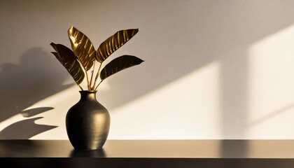 a black vase with a plant displayed on a shelf against a white wall on a black tabletop background