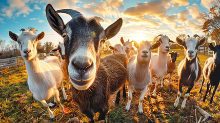 A majestic herd of goats standing proudly on a lush green field, surrounded by fresh grass and...