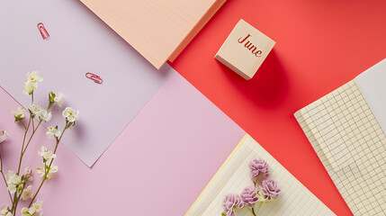 Representing the word "June", minimalist flat lay spring scene with a pastel red and white color scheme