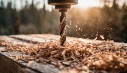 close shot of drill bit entering wood wood shavings scattered
