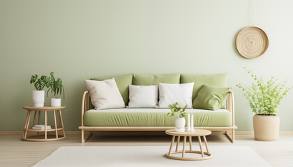 Stylish living room interior with green sofa wooden table and plants