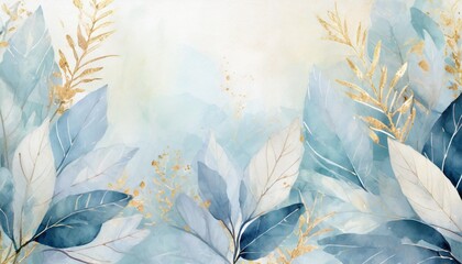 floral nature background of blue plant leaves and flower leaves on border pastel light blue and...