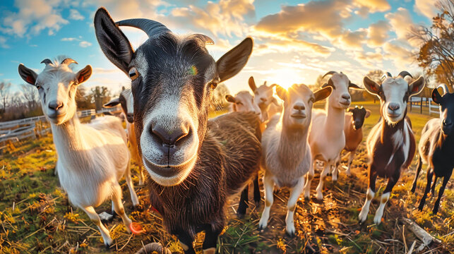 A majestic herd of goats standing proudly on a lush green field, surrounded by fresh grass and vibrant nature