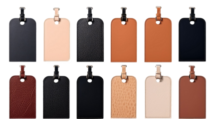 Luggage bag leather tag hanging label. Many assorted different range types isolated on transparent background