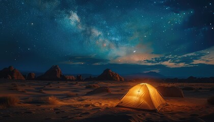 Desert Travel, Inspire wanderlust with images of travelers exploring remote desert landscapes, camping under the stars, and experiencing the solitude of the desert - obrazy, fototapety, plakaty