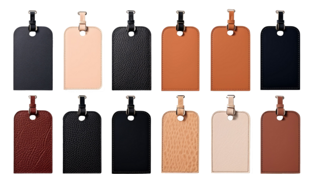 Luggage bag leather tag hanging label. Many assorted different range types isolated on transparent background