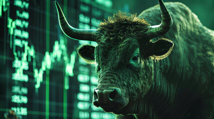 A bull stands in front of a wall of stock market numbers, symbolizing trading on the stock exchange - obrazy, fototapety, plakaty