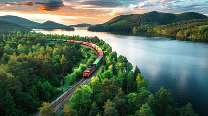 A train travels along a track through a vibrant green landscape in the countryside
