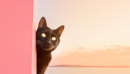 funny black cat peeping from behind a vibrant pink block horizontal wallpaper large copy space for...