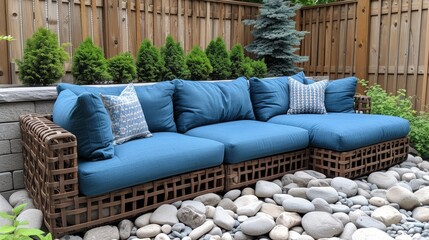 a blue couch sitting on top of a pile of rocks next to a wooden fence and a wooden fence behind it.