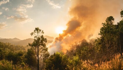 panorama of a forest fire burning trees and bushes conflagration wildfire flames and clouds of...