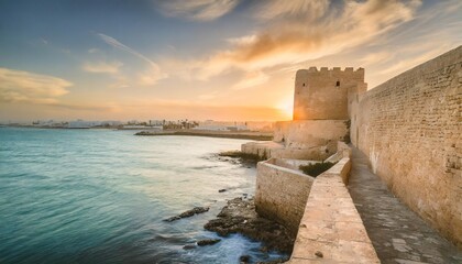 beautiful view of the ancient ribat fortress at sunset tunisia monastir mediterranean sea - obrazy, fototapety, plakaty