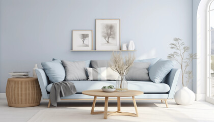 A stylish living room with a blue sofa coffee table and decorative accessories