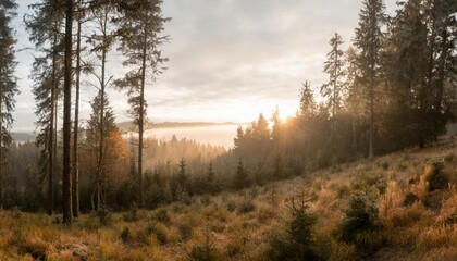 panorama of sunny and foggy spruce forest with thick undergrowth