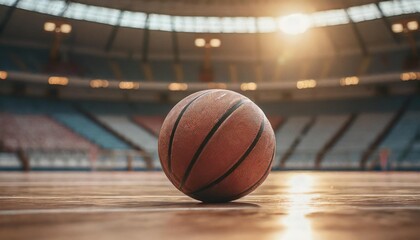 close up of the basketball in an arena in the background in a cinematic scene basketball lying on...