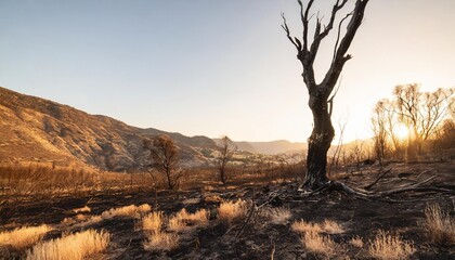 devastated scorched earth in the valley burnt trees burnt vegetation and grass dead landscape with the remains of large tree intense atmosphere burned charred fire - obrazy, fototapety, plakaty