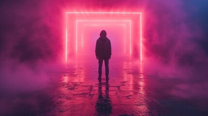 a person standing in the middle of a foggy room with a neon light at the end of the room.
