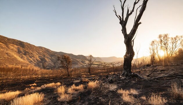 devastated scorched earth in the valley burnt trees burnt vegetation and grass dead landscape with the remains of large tree intense atmosphere burned charred fire