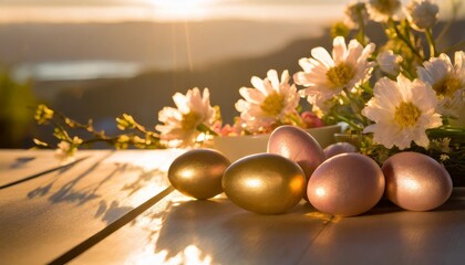 generative ai of easter eggs with flowers on table - obrazy, fototapety, plakaty