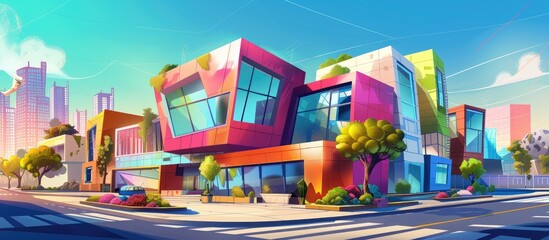 A vibrant cartoon illustration of a colorful building with a magenta facade, urban design, and artful windows against a clear sky and asphalt background - obrazy, fototapety, plakaty