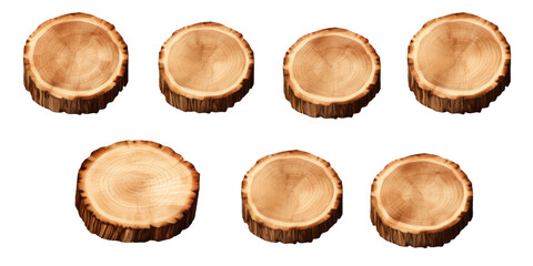 Round wooden tree slice trunk stump wood on transparent background. Many assorted different Mockup...