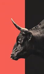 Foto op Canvas Bull in profile with a sharp horn on a vivid black and red background. © Jan