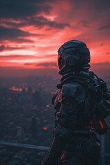 Futuristic Soldier in Advanced Armor Overlooking Dystopian Cityscape at Sunset