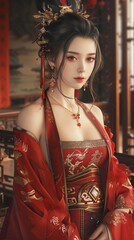 Obraz premium Elegant Chinese Woman in Traditional Red Dress and Intricate Headdress against a Vintage Interior