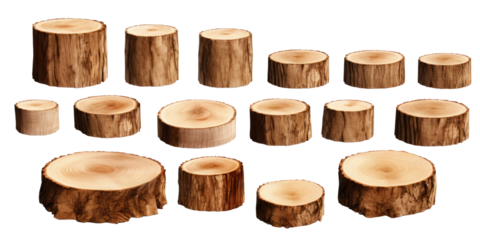 Round wooden tree slice trunk stump wood on transparent background. Many assorted different Mockup template for artwork