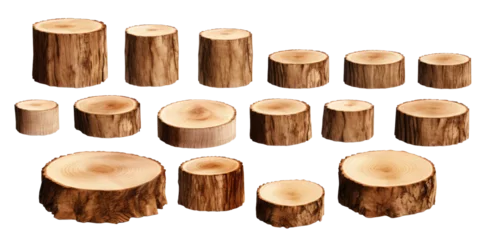 Papier Peint photo Texture du bois de chauffage Round wooden tree slice trunk stump wood on transparent background. Many assorted different Mockup template for artwork