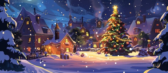 A Christmas tree stands tall in the center of a snowy village, surrounded by charming houses and buildings, under a clear sky