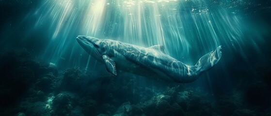 Capture the enigmatic allure of the oceans depths from a unique perspective Highlight the beauty and mystery of underwater creatures and landscapes. - obrazy, fototapety, plakaty