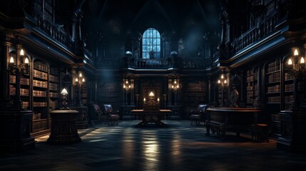 Spooky library with ghostly atmosphere and mysterious shadows lurking around shelves - obrazy, fototapety, plakaty