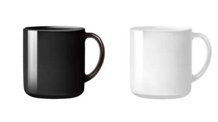 Set of black and White blank ceramic mug cup with handle on transparent background. Mockup template for artwork graphic design