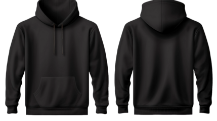 Set of Black front and back view tee hoodie hoody sweatshirt on transparent background. Mockup template for artwork graphic design