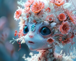 A character with a fluffy 3D exterior hiding a highly advanced artificial intelligence brain, their depth and complexity visible in their intricate design