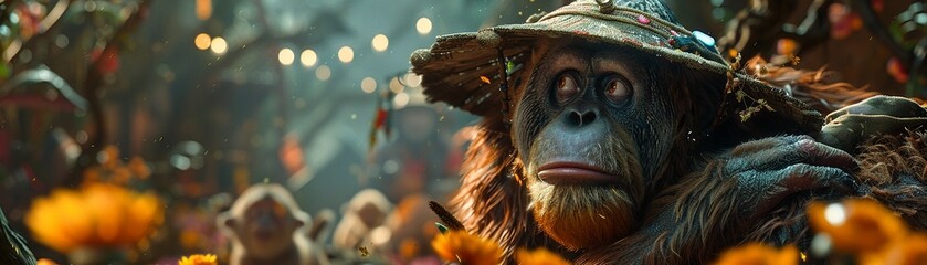 A mischievous orangutan sorcerer conjures spells and charms as they explore a surreal dream world filled with talking animals - obrazy, fototapety, plakaty