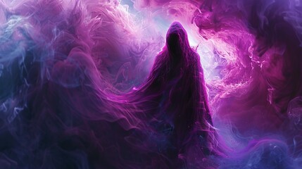 A mysterious character wrapped in a cloak of swirling magenta hues, their every movement controlled by a hidden digital algorithm - obrazy, fototapety, plakaty